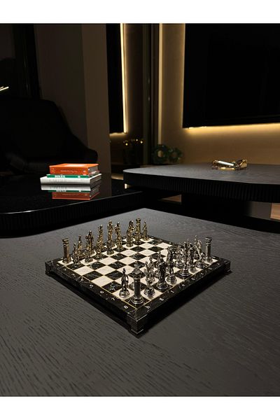 POLO BLUE Luxury Marble Patterned Chess Set - Iron Cast Heavy Stone, Decorative and Stylish Design 27.5X27.5 cm