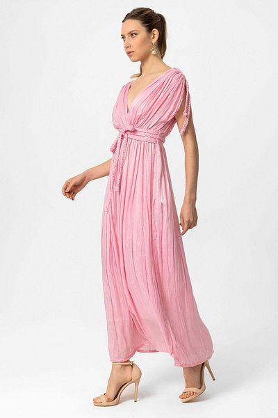 Deriderim Rochie de seara cu bretele Helen roz cu talie elastica Rochie lunga de absolvire