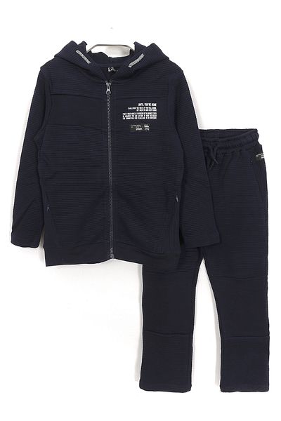 DobaKids Pocket Detailed Hooded Slogan Printed Stylish Boy's Jacket Suit Navy Blue