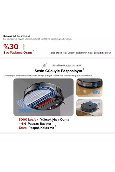 Roborock Yüksek Güç Titreşimli Paspas, Halı tanıma+Mop Kaldırma 6000Pa ULTRA Güç Sonic Robot Süpürge