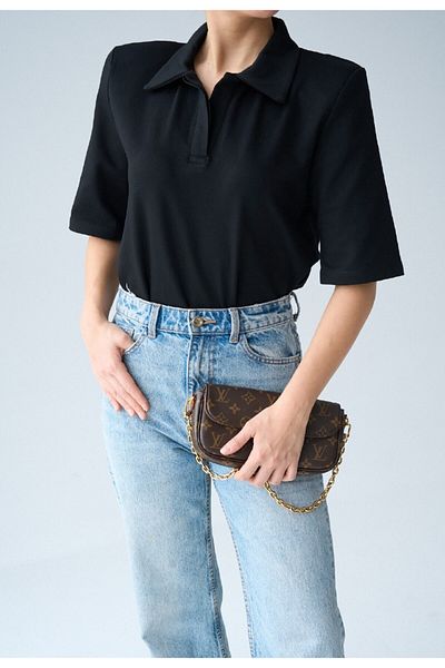 Souls Fruit Women's Buttonless Polo Neck Padded Black Tshirt