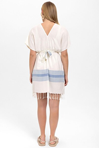 Deriderim Синьо-біла сукня з V-подібним вирізом з бавовняної тканини Шіле - без підкладки