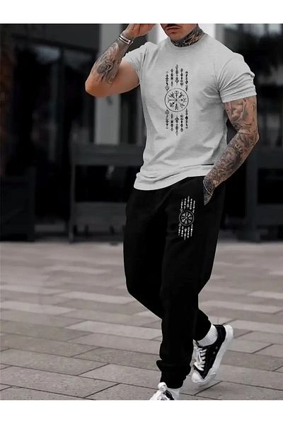 PAVRO Men's Black Lettering Symbol Printed Oversize Tracksuit Set