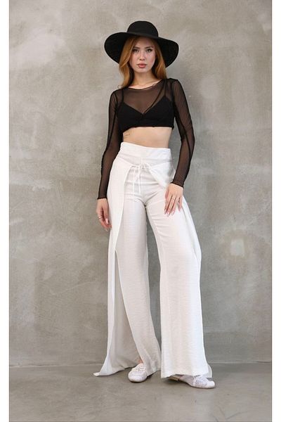 GALAVİP Women's Clothing New Year's White Strawberry Viscose Linen Fabric Front Tie Slit Loose Fit Pants