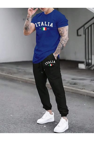 PAVRO Men's Black Est Flag Italy Printed Oversize Tracksuit Set