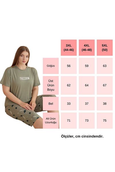 Gülfirik Tasarım Khaki Floral Leaf Capri Length Knitted Large Size Women's Summer Pajama Set