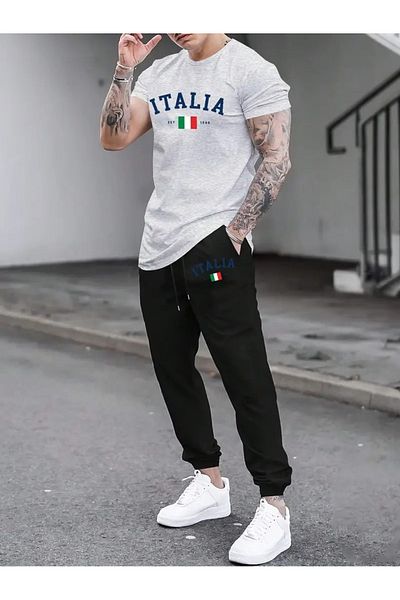 PAVRO Men's Black Est Flag Italy Printed Oversize Tracksuit Set