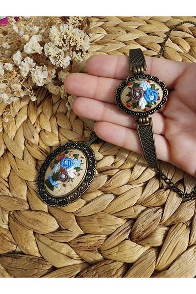 LADYETAMIN Handmade Women's Necklace and Bracelet Set with Original Design- Etamine Embroidered Flower Bouquet Women's Set