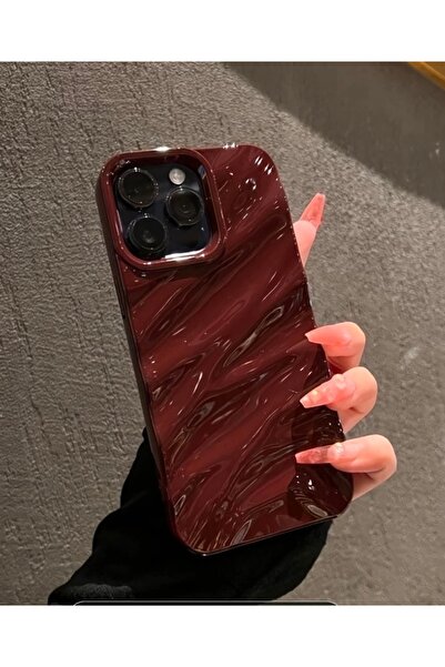 MİRAZ TASARIM حافظة آيفون 13 بروماكس ثلاثية الأبعاد منقوشة ومزخرفة بسطح لامع باللون العنابي