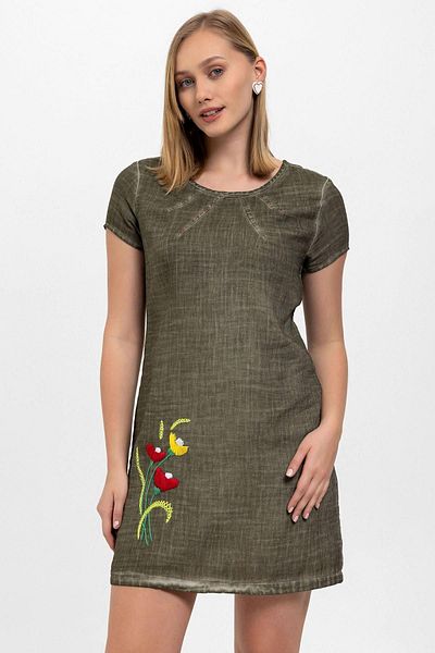 Deriderim Rochie de vară cu mânecă scurtă din bumbac cu model floral verde