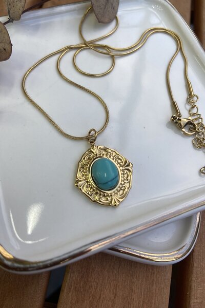 Generic Brand Turquoise Necklace in Steel Vintage Frame 46cm Stylish