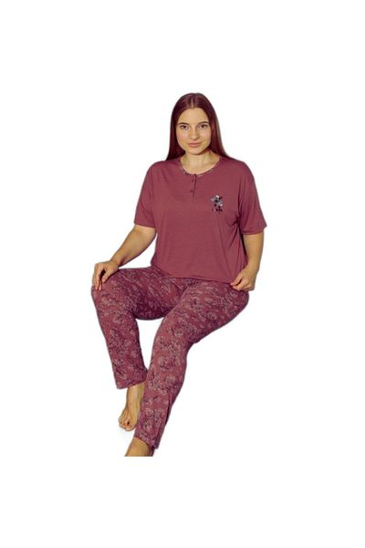 Gülfirik Tasarım Viscose Fabric Floral Patterned Large Size Women's Knitted Summer Pajama Set