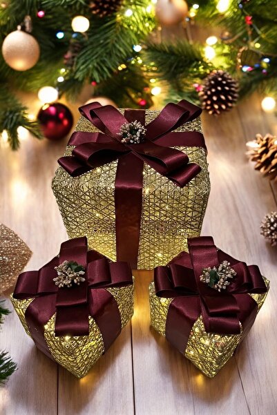 WILD DAISY مجموعة علب هدايا مضاءة بشجرة عيد الميلاد المزخرفة بشريط أحمر كلاريت