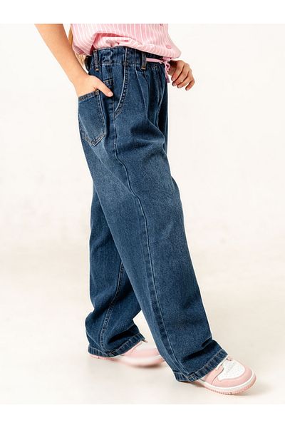 GİYİCEM TEKSTİL Pantaloni din denim plisați cu centură pentru fete 2180