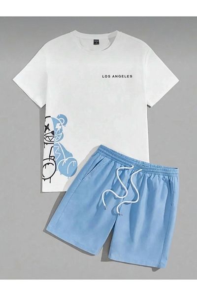 BLYDE LAYY Men's White Baby Blue Oversize Little Bear Printed Crew Neck T-Shirt Shorts Set