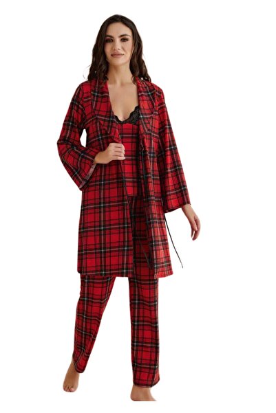 White Velvet Kadın Pamuklu Ekoseli Sabahlık İnce Askılı Bluz ve Uzun Paça Pijama Takımı W.V.SS0.1A2.Ç