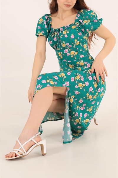 Laviera Women's Green Floral Short Sleeve Midi Dress with Lace-Up Front and G...