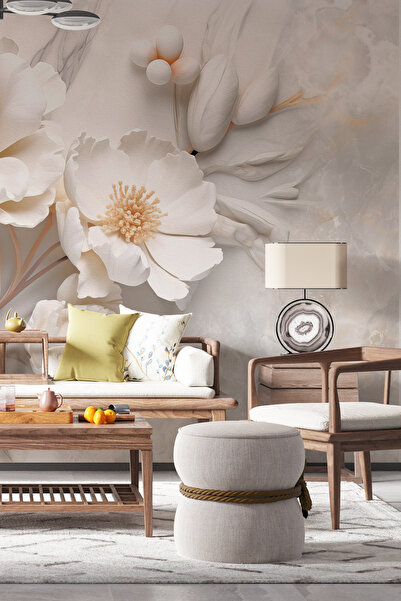 dreamwall 3D Beyaz Çiçek Desenli Zarif Dijital Baskılı Duvar Kağıdı-Yırtılmaz Silinebilir Duvar Kağıdı