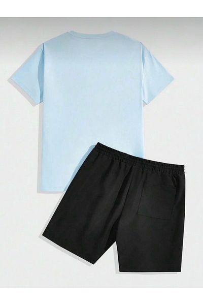 BLYDE LAYY Men's Black Baby Blue Oversize Little Bear Printed Crew Neck T-Shirt Shorts Set