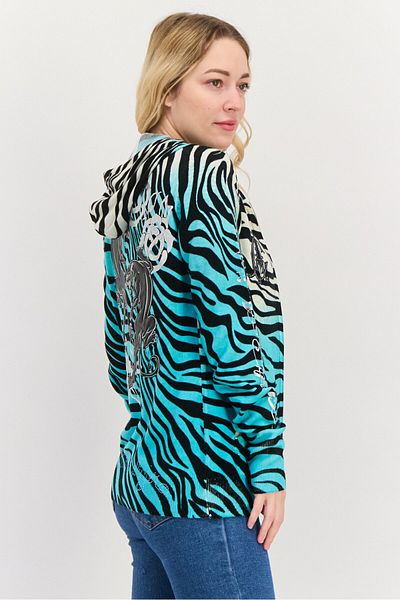Christian Audigier Women Hooded Zebra Print Cardigan, Turquoise Combo