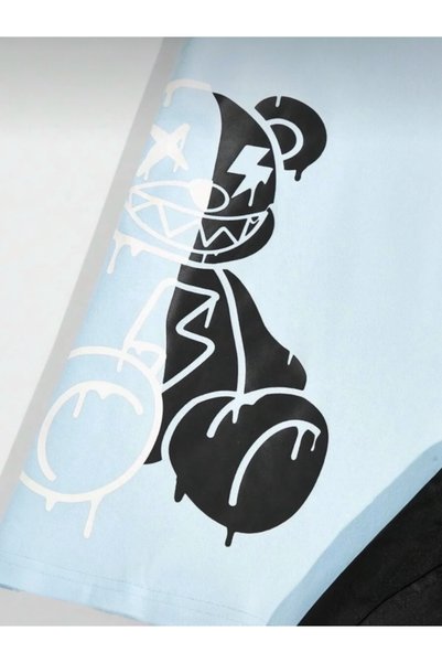 BLYDE LAYY Men's Black Baby Blue Oversize Little Bear Printed Crew Neck T-Shirt Shorts Set
