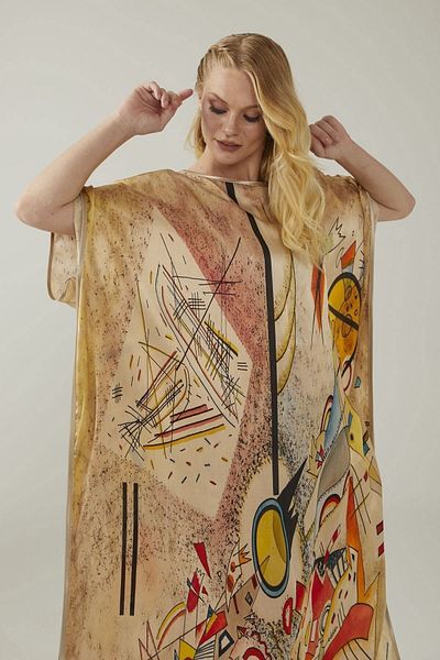 Deriderim Busting Aquarelle Print Unlined Summer Satin Women's Silk Dress