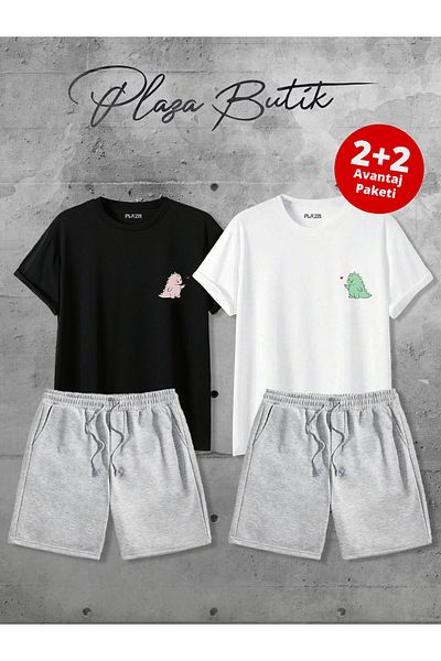 Plaza Butik Dino Printed Unisex Double Lover Combination Shorts Tshirt (Two Shorts, Two T-Shirts Advantageous Package)