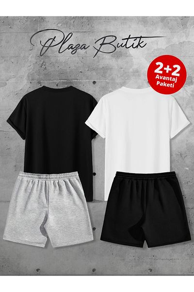 Plaza Butik Dino Printed Unisex Double Lover Combination Shorts Tshirt (Two Shorts, Two T-Shirts Advantageous Package)