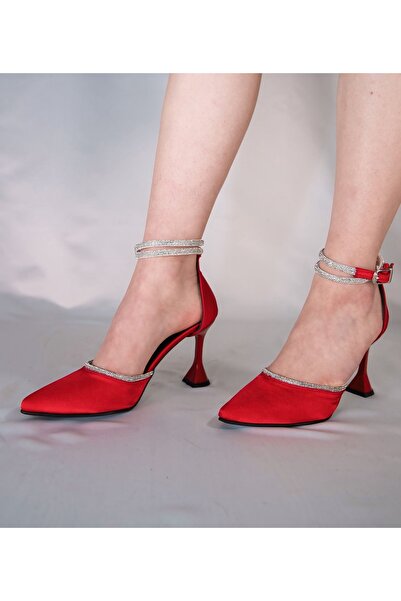 YARENAY Червоні атласні туфлі на підборах з камінням, що обертаються навколо ...