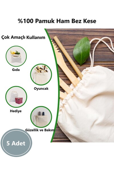 Fulia Elegance 5 Adet Orta Boy Büzgülü Bez Torba | %100 Pamuk Bez Kese | Bakl...