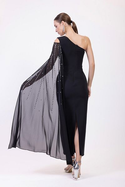 aşkın göksu Black One Sleeve Chiffon, Sleeve and Neckline Stone Embroidered Midi Women's Evening Dress