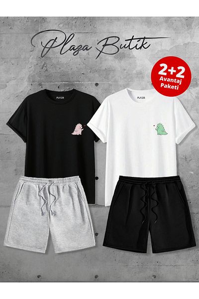 Plaza Butik Dino Printed Unisex Double Lover Combination Shorts Tshirt (Two Shorts, Two T-Shirts Advantageous Package)