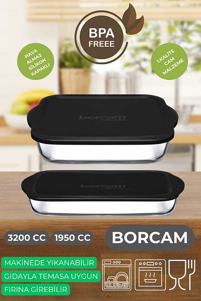 Ülgenev Black Silicone Lid Borcam Set - 1950 Cc and 3200 Cc Heat Resistant Oven and Storage Container