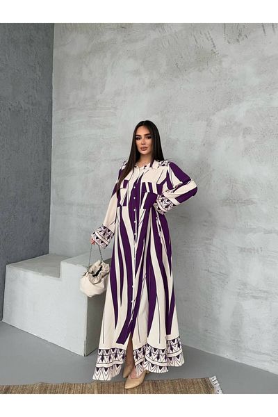 PREMİER VİE New Season Purple and Ecru Color Shirt Dress with Hijab Pattern