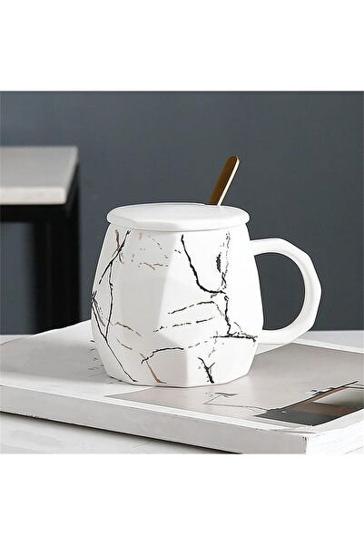e-life shop Mermer Desenli Kapaklı Kaşıklı Sıcak Tutan Kupa Bardak Fincan Mug...