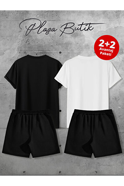 Plaza Butik Dino Printed Unisex Double Lover Combination Shorts Tshirt (Two Shorts, Two T-Shirts Advantageous Package)