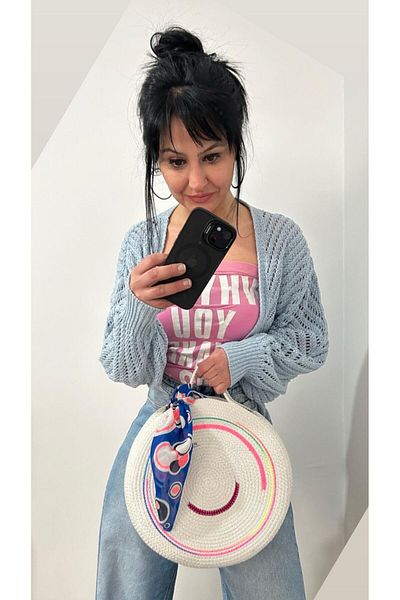 AYŞE SERHOŞOĞLU HOME DESİGN Straw Bag, Cylinder Bag, Designer Bag, Ecru Pink Handbag