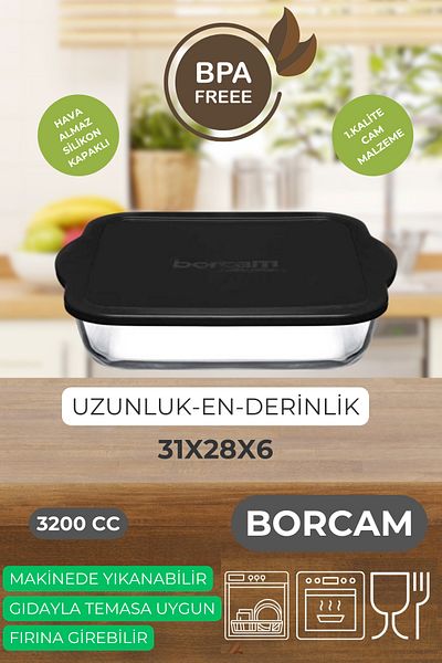 Ülgenev Black Silicone Lid Borcam Set - 1950 Cc and 3200 Cc Heat Resistant Oven and Storage Container