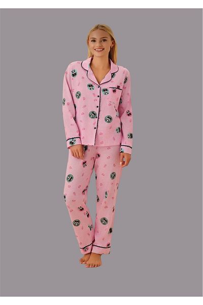GCC İSTANBUL Set pijamale solide cu imprimeu panda - 100% bumbac tricotat, Homewe lung, toate grupurile de vârstă