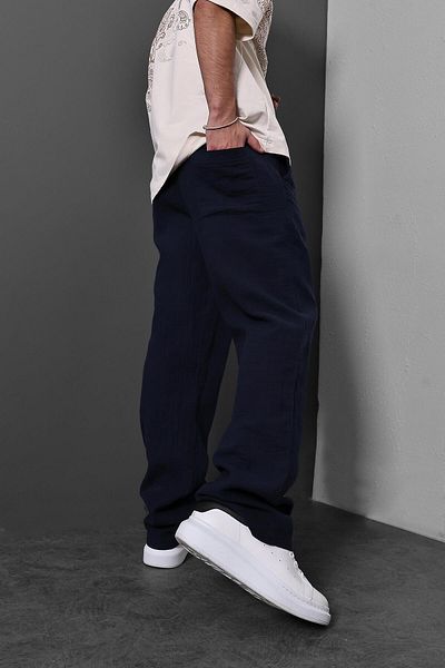 Slatra Men's Navy Blue Muslin Fabric Baggy Linen Trousers