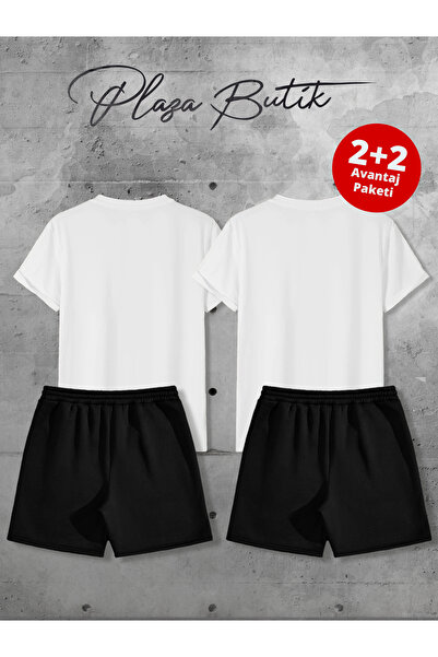 Plaza Butik Dino Printed Unisex Double Lover Combination Shorts Tshirt (Two Shorts, Two T-Shirts Advantageous Package)