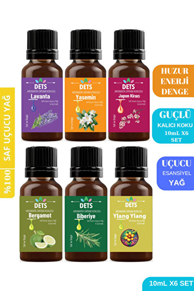 Dets 6'lı Doğal Aromaterapi Seti Lavanta, Bergamot, Biberiye, Ylang Ylang Huz...