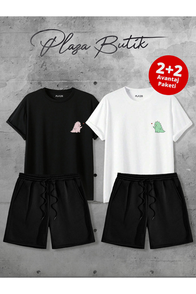 Plaza Butik Dino Printed Unisex Double Lover Combination Shorts Tshirt (Two Shorts, Two T-Shirts Advantageous Package)