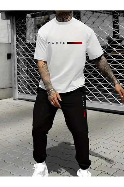 PAVRO Paris Printed Red Striped Tracksuit Set - Jogger Oversize T-Shirt