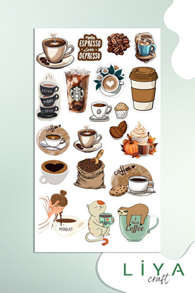 LiyaCraft Kahve Sticker Set Kahve Kedi Ajanda Bullet Journal Için Uygun Set