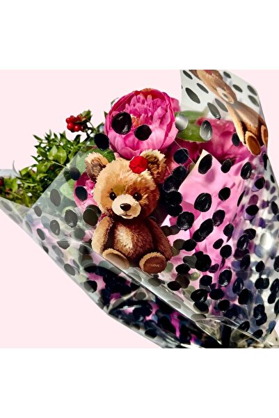 COLORPAK Çiçek Buket Ambalaj Kağıdı Jelatini (Ayıcık Desenli Siyah Puantiye) Şeffaf OPP 55x55cm (5 adet)