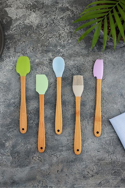 BKC HOME 5 Piece Mini Bamboo Handle Spatula Spoon Brush Set