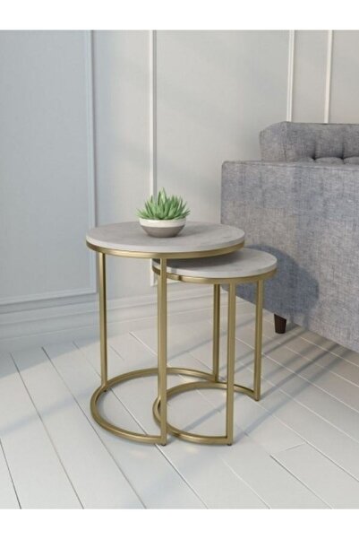 Doffo 2'li Yuvarlak Gold Yan ve Zigon Sehpa