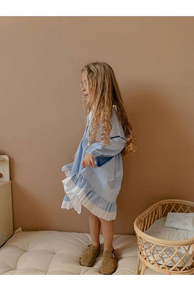 ARBİ kids Girl's Baby Blue Scallop Collar Cotton Satin Fabric Inner Lined Dress Eid