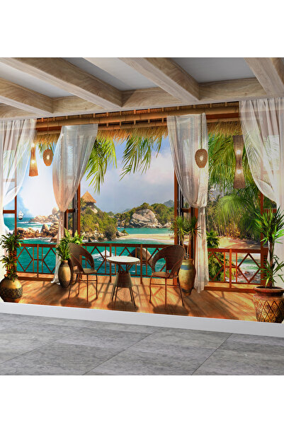 dreamwall Tropikal Deniz Manzaralı Balkon Desen Sağlıklı Tekstil Duvar Kağıdı